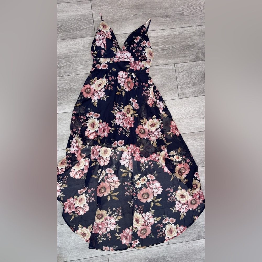 2Sable Size Large Navy Floral Hi Low Dress Vneck Spaghetti Strap Padded EUC